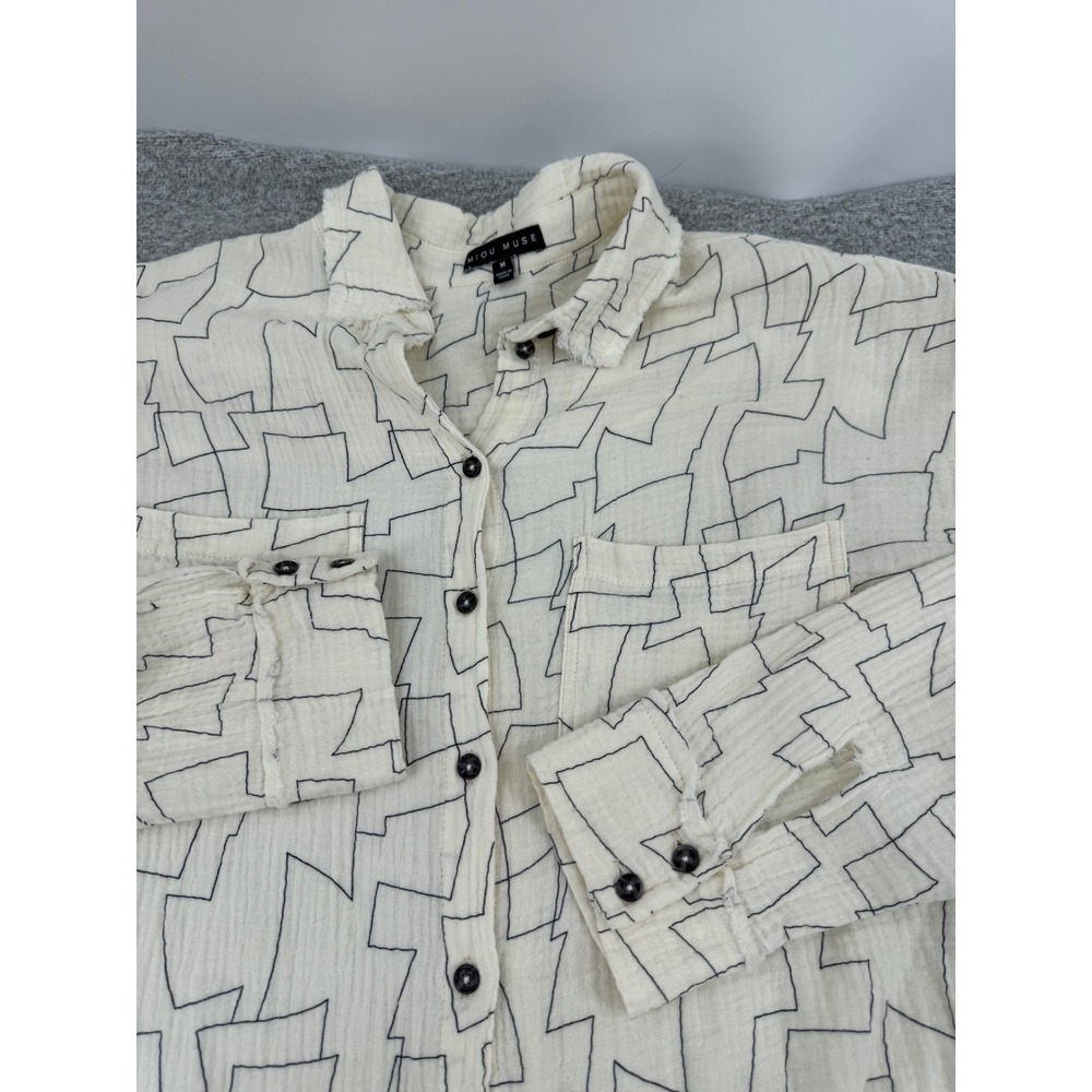 Miou Muse Gauze Cotton Button Up Shirt Cream Black Geometric Frayed Hem Size M